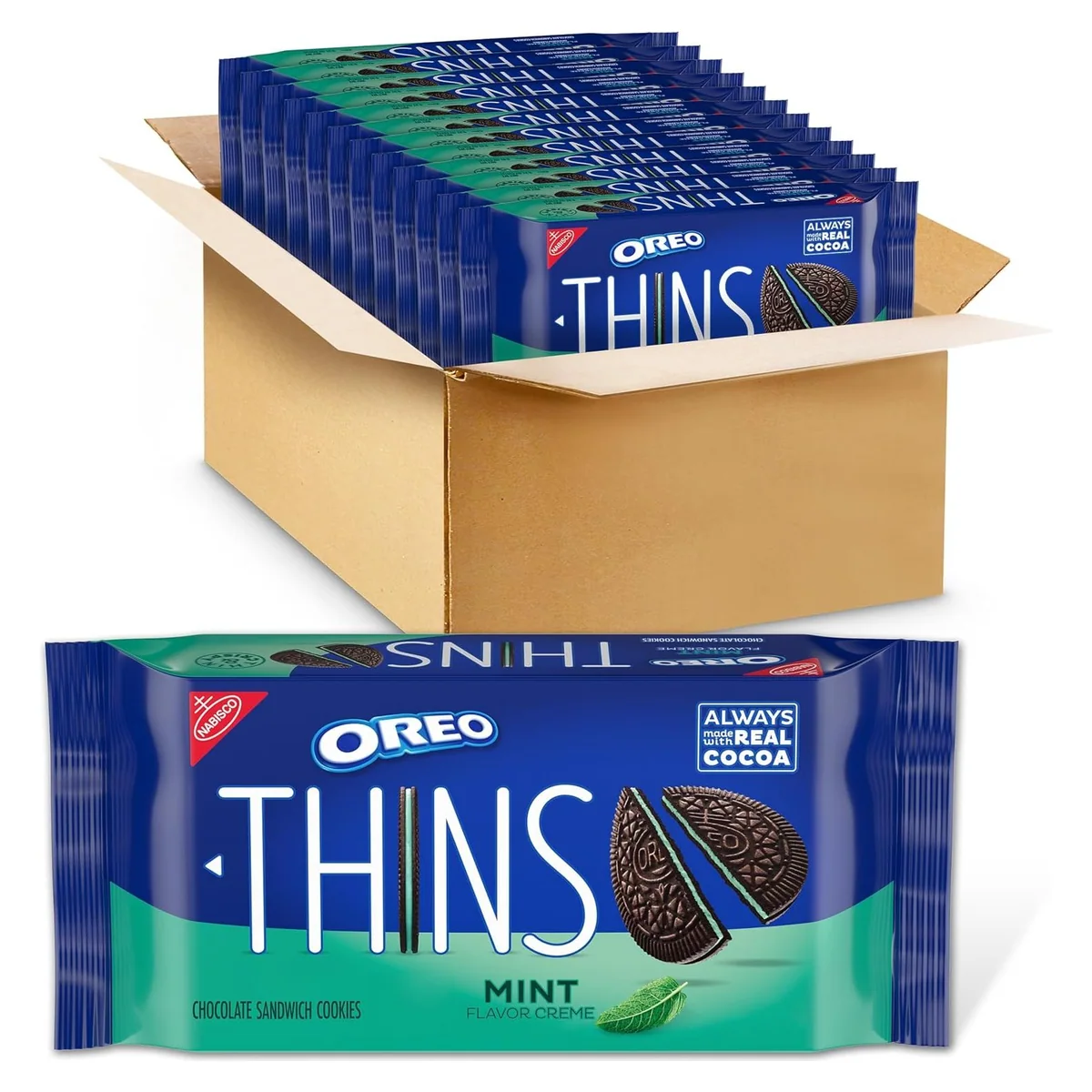 Nabisco OREO Thins Mint Creme Chocolate Sandwich Cookies, 12 × 9.21 oz packs, photo 1 of 4